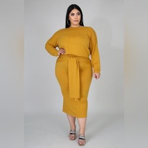 Mustard Curvalicious Tie Front Skirt Set | Plus Size 1X-3X | Stretch Midi Set